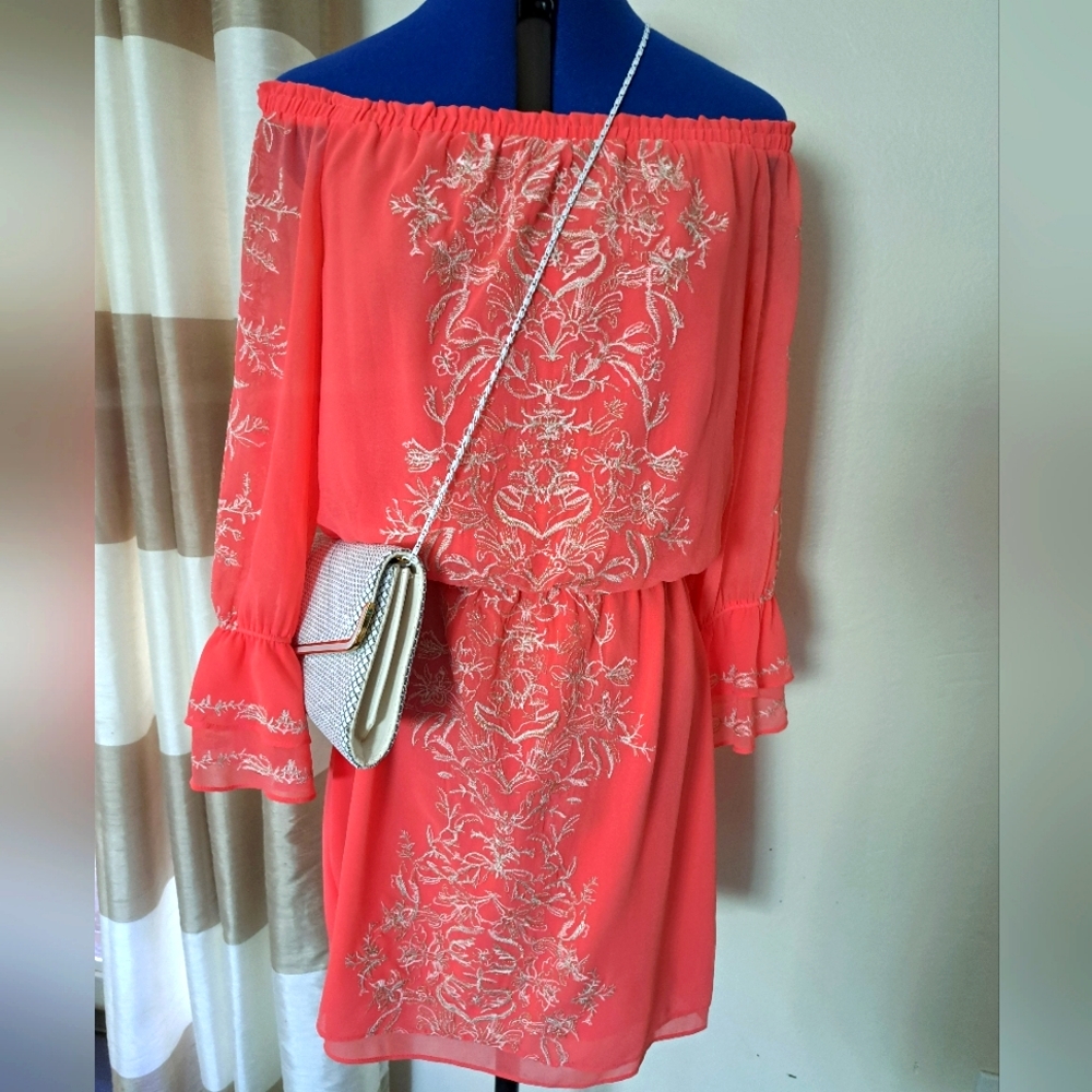 Off-Shoulder Coral Embroidered Dress